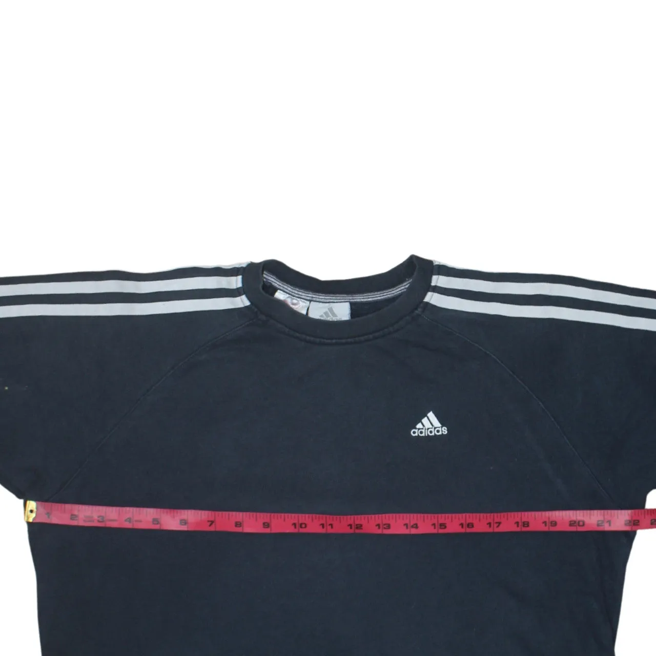 Adidas Navy Blue Sweatshirt Women's Large Embroidered Logo Three Stripe Sleeves Pullover Top sold by Vintage Club product image thumbnail 5