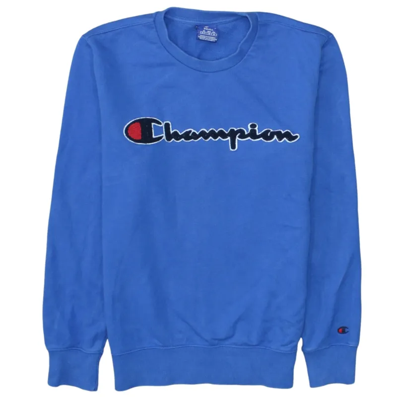 Champion Royal Blue Sweatshirt Men's Small Embroidered Spellout Logo Crewneck Pullover Top sold by Vintage Club