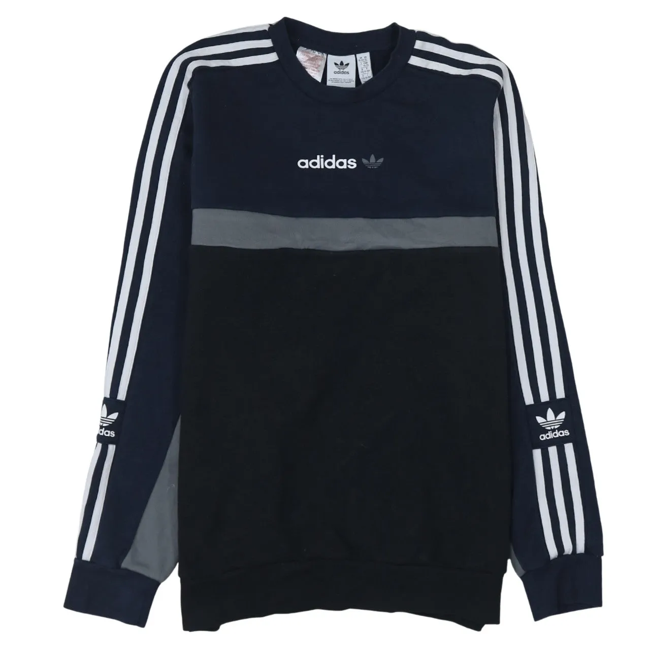 Adidas Black Navy Sweatshirt Women's XLarge Embroidered Trefoil Logo Three Stripe Sleeves Pullover Top sold by Vintage Club