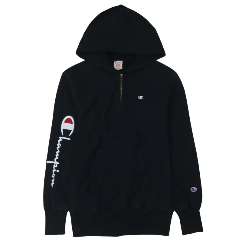 Champion Black Hoodie Women’s Medium Embroidered Logo Sleeve Spell Out Half Zip Pullover sold by Vintage Club