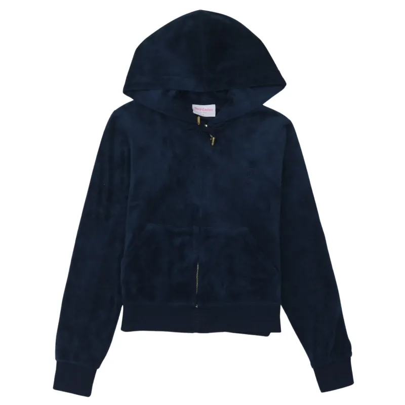 Juicy Couture Navy Blue Velour Hoodie Women’s Small Zip Front Embroidered Logo Loungewear Top sold by Vintage Club