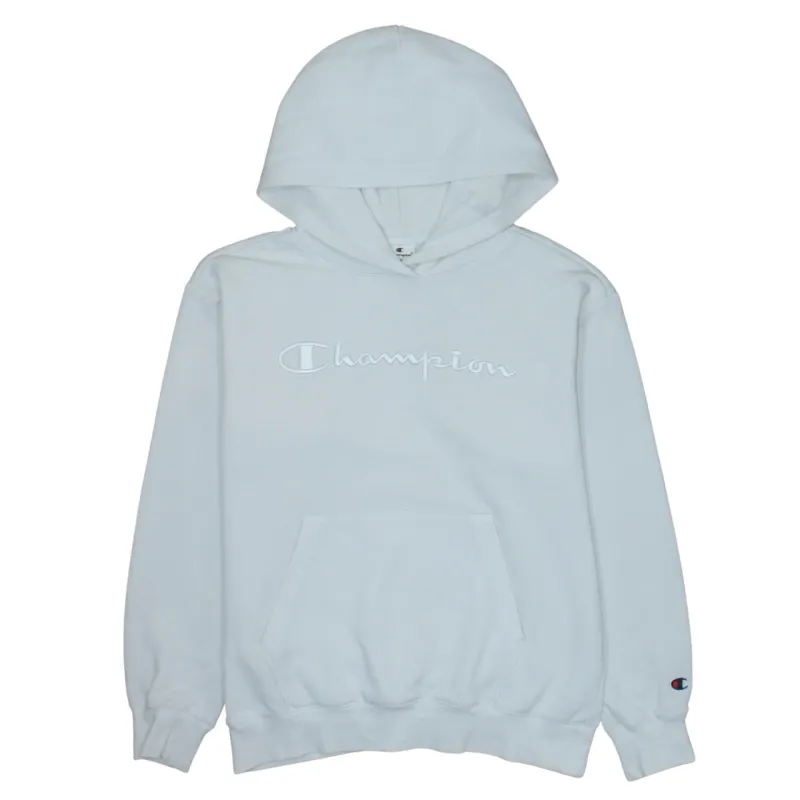 Champion White Hoodie Men's Small Embroidered Script Logo Front Pocket Pullover Sweatshirt made by Champion