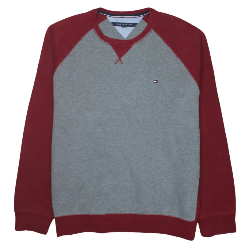 Tommy Hilfiger Grey Burgundy Sweatshirt Men’s XXL Embroidered Flag Logo Raglan Pullover Top sold by Vintage Club