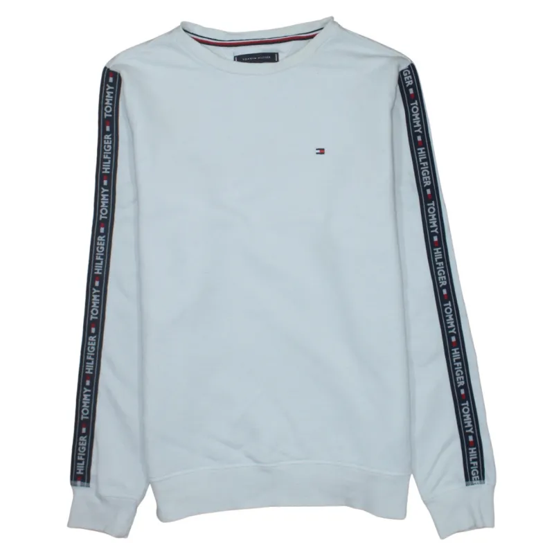 Tommy Hilfiger White Sweatshirt Men's Medium Logo Sleeve Tape Crewneck Pullover Top sold by Vintage Club