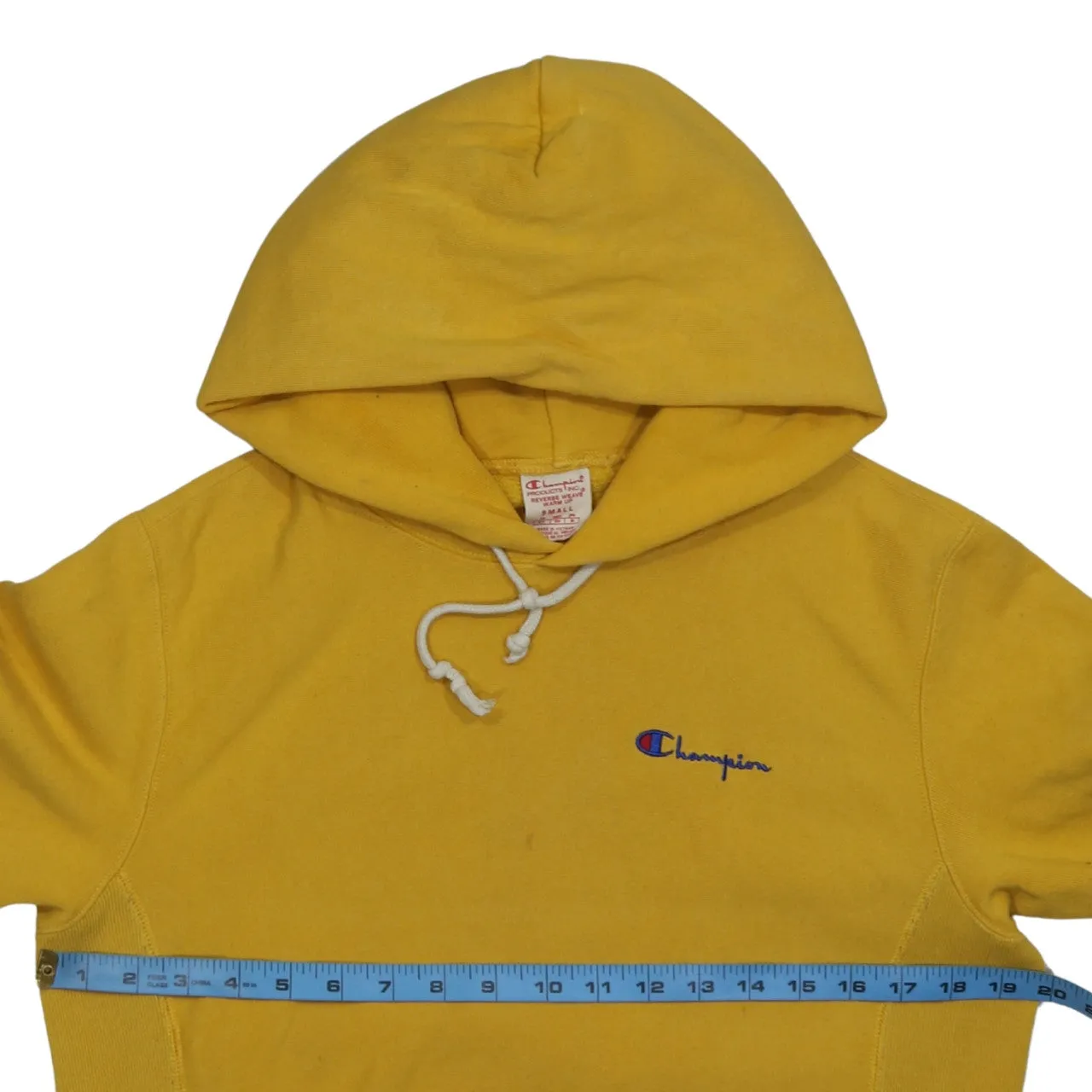 Champion Yellow Hoodie Men’s Small Embroidered Chest Logo Cuff Patch Pullover Sweatshirt sold by Vintage Club product image thumbnail 5