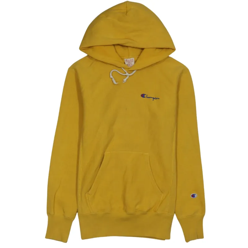 Champion Yellow Hoodie Men’s Small Embroidered Chest Logo Cuff Patch Pullover Sweatshirt made by Champion