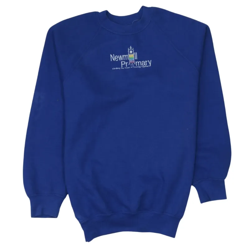 Russell Athletic Royal Blue Sweatshirt Men’s Small Embroidered School Logo Raglan Crewneck Pullover made by Russell Athletic