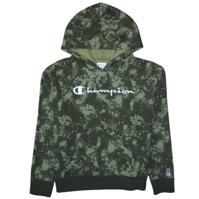 Champion Green Tie Dye Hoodie Men’s Medium Embroidered Chest Logo Fleece Pullover Sweatshirt sold by Vintage Club