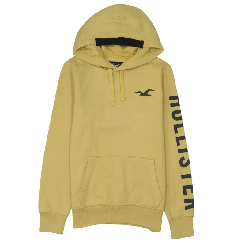 Hollister Mustard Yellow Hoodie Men's XSmall Printed Logo Sleeve Graphic Pullover Sweatshirt made by Hollister