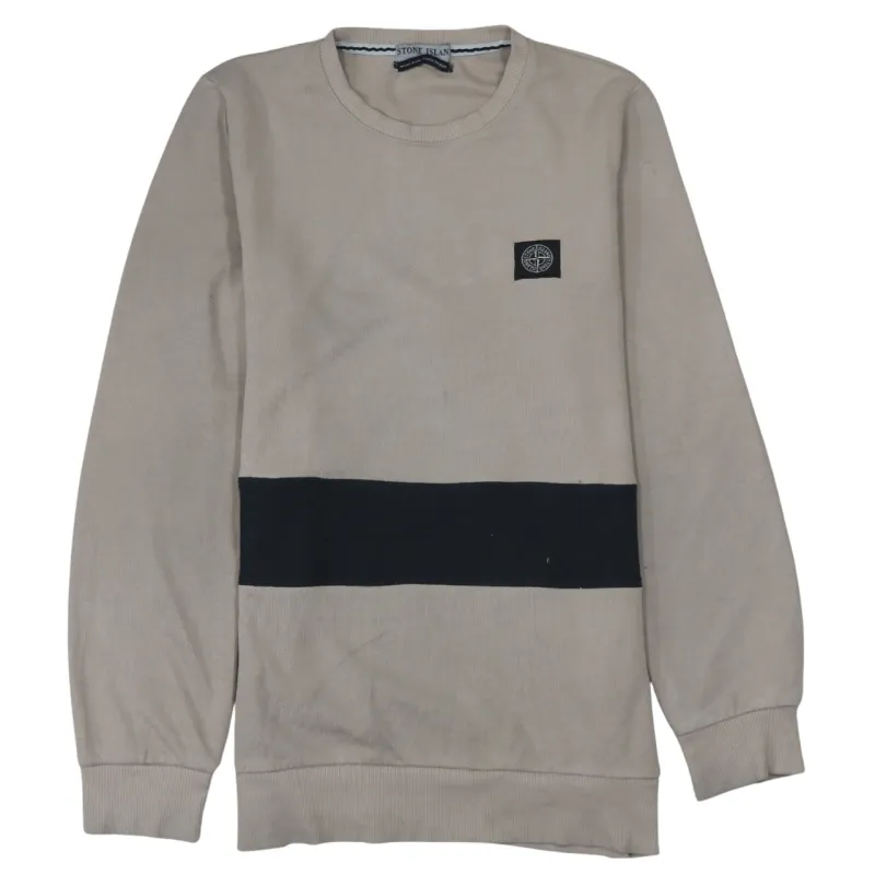 Stone Island Beige Grey Sweatshirt Men's Medium Embroidered Compass Logo Black Panel Pullover Jumper sold by Vintage Club