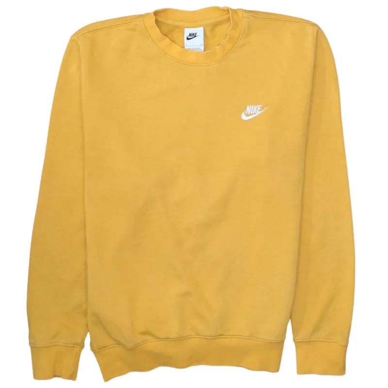 Nike Mustard Yellow Sweatshirt Men's Small Embroidered Swoosh Logo Crewneck Pullover Fleece Top made by Nike