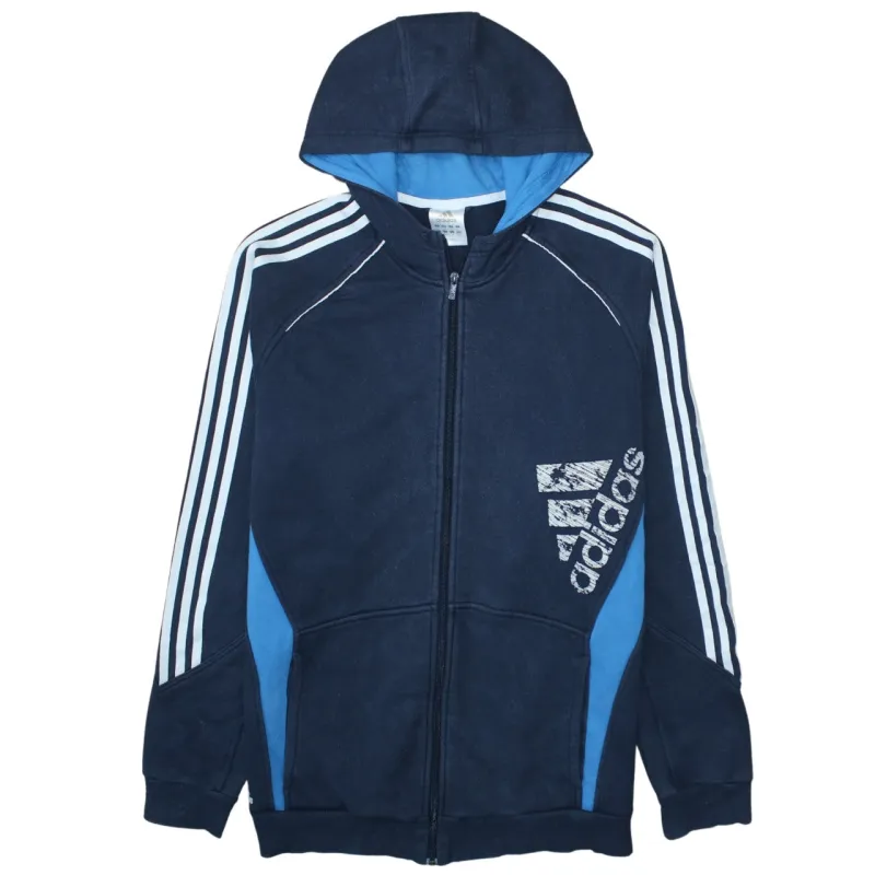Adidas Navy Blue Full Zip Hoodie Women’s XLarge Printed Logo Three Stripe Sleeves Sweatshirt sold by Vintage Club