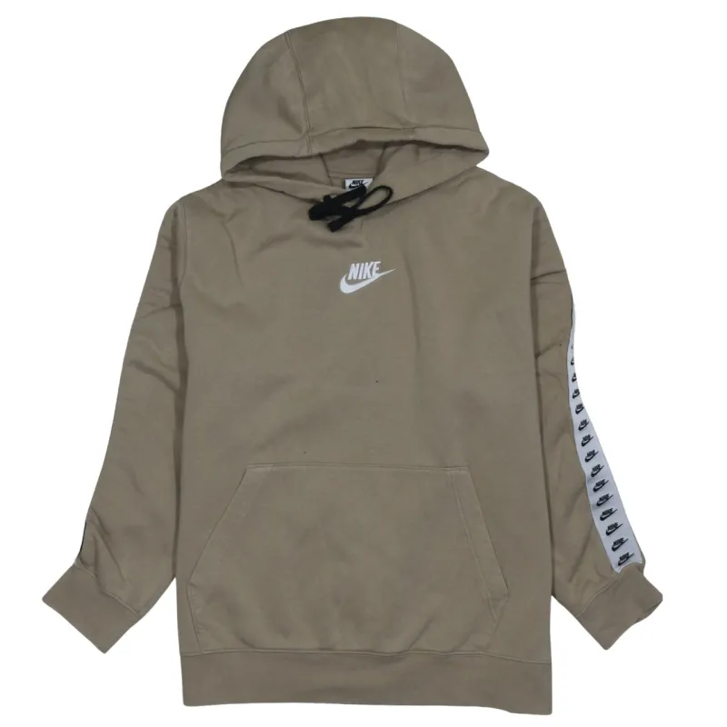 Nike Beige Hoodie Women’s Large Embroidered Chest Logo Taped Sleeve Pullover Sweatshirt sold by Vintage Club