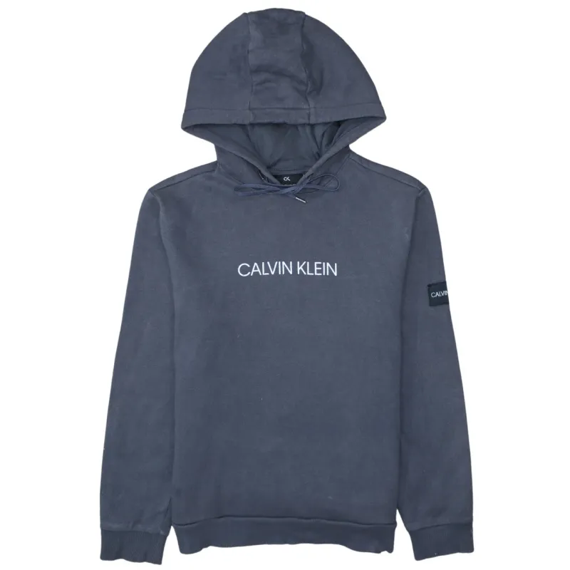 Calvin Klein Navy Blue Hoodie Men's Medium Printed Logo Sleeve Patch Pullover Sweatshirt sold by Vintage Club