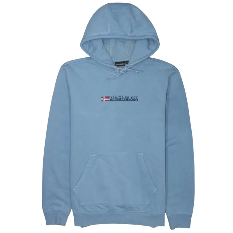 Napapijri Light Blue Hoodie Women’s Medium Embroidered Flag Logo Front Pocket Pullover Sweatshirt made by Napapijri