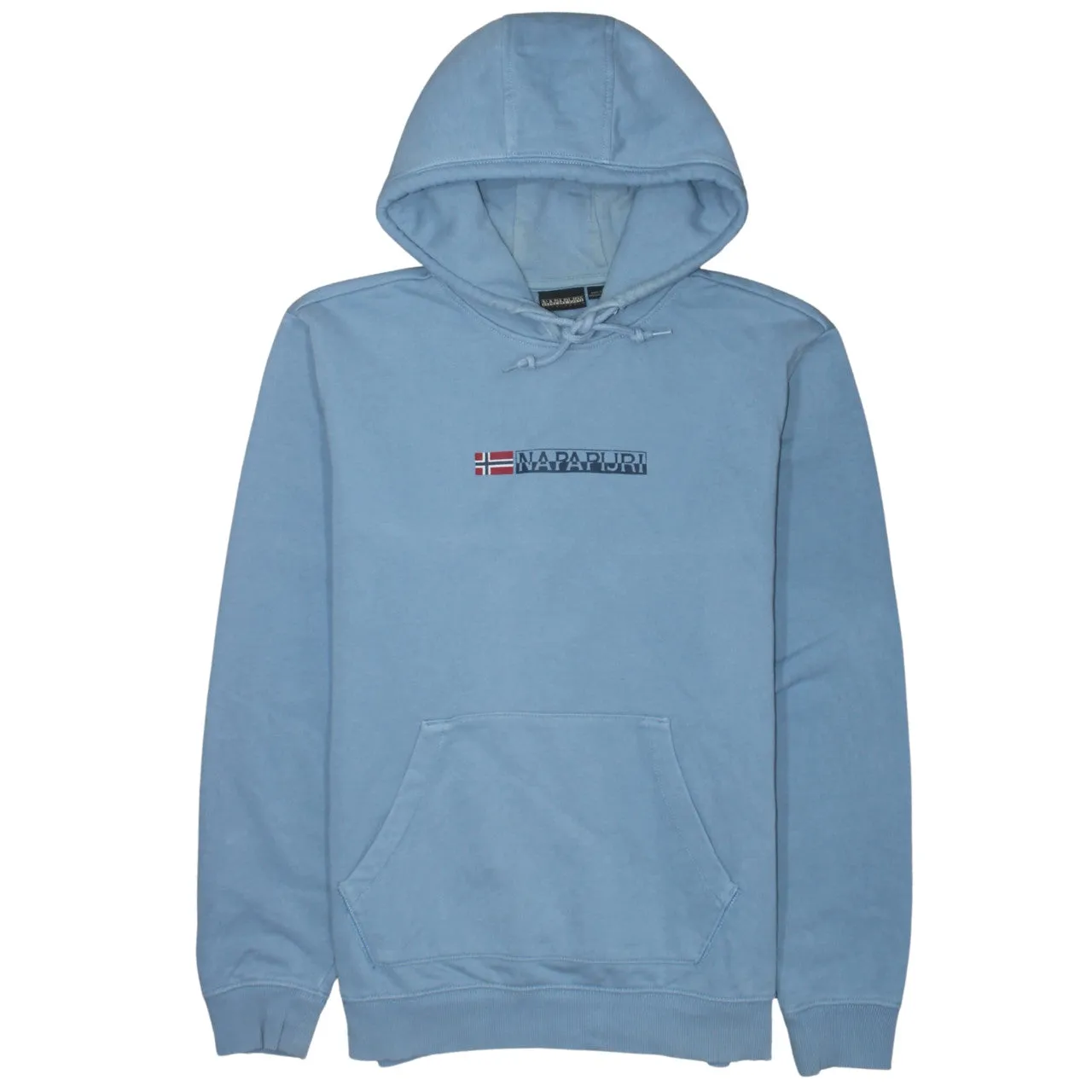 Napapijri Light Blue Hoodie Women’s Medium Embroidered Flag Logo Front Pocket Pullover Sweatshirt sold by Vintage Club