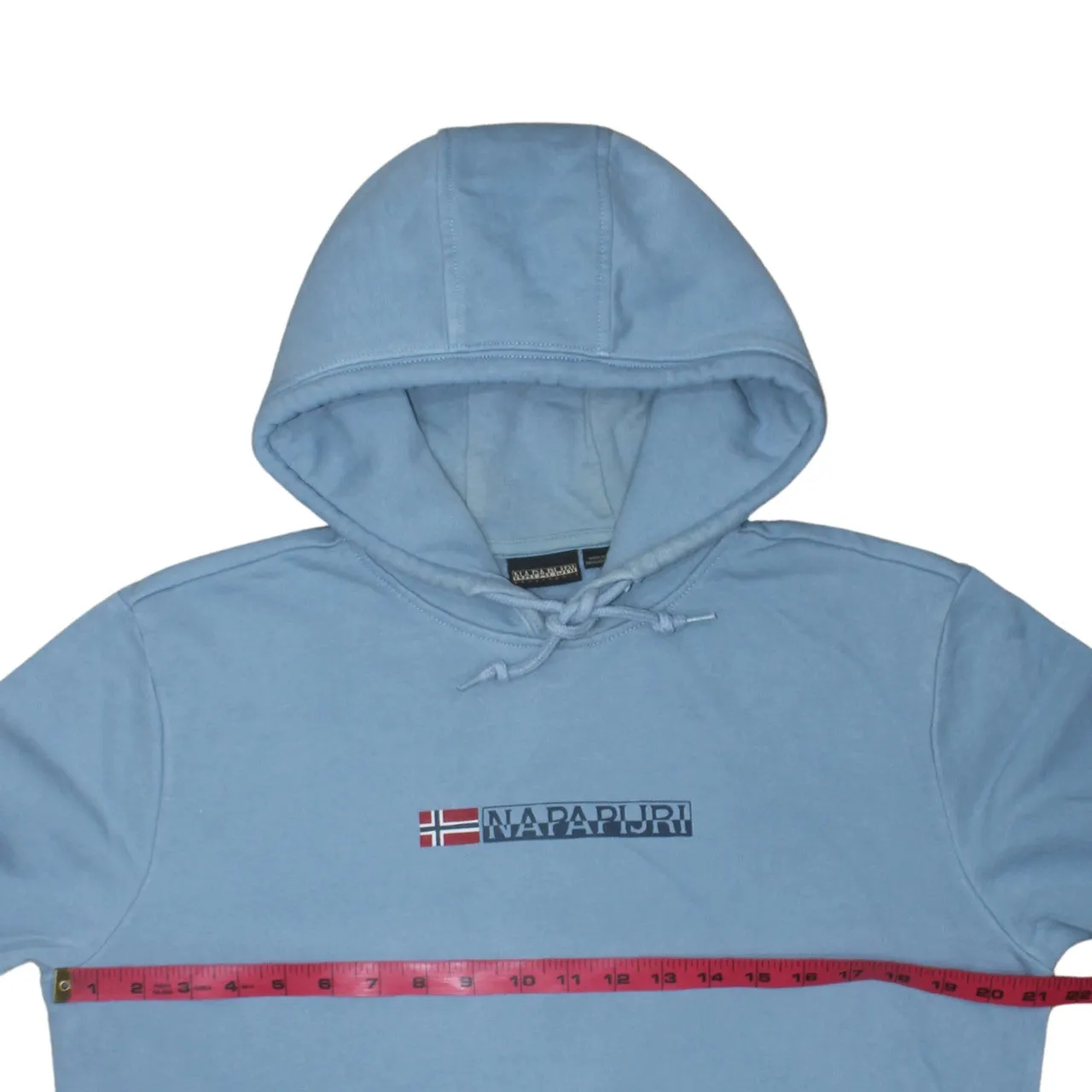 Napapijri Light Blue Hoodie Women’s Medium Embroidered Flag Logo Front Pocket Pullover Sweatshirt sold by Vintage Club product image thumbnail 5