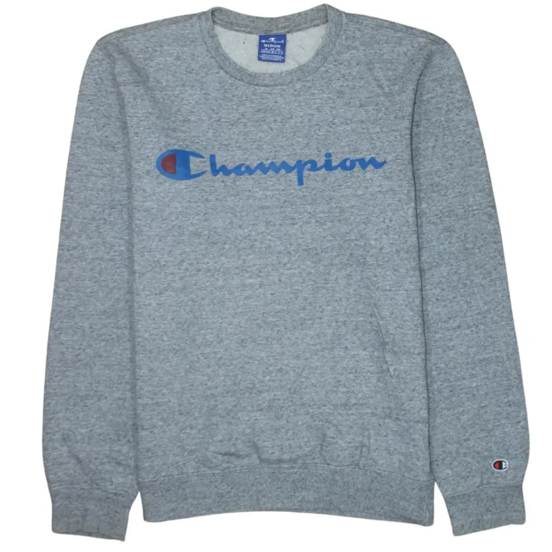 Champion Grey Sweatshirt Men's Medium Printed Script Logo Crewneck Pullover Jumper sold by Vintage Club