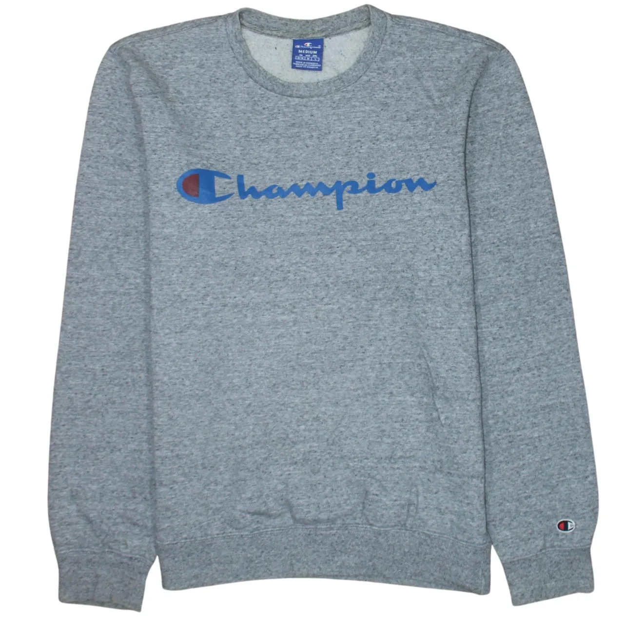 Champion Grey Sweatshirt Men's Medium Printed Script Logo Crewneck Pullover Jumper sold by Vintage Club