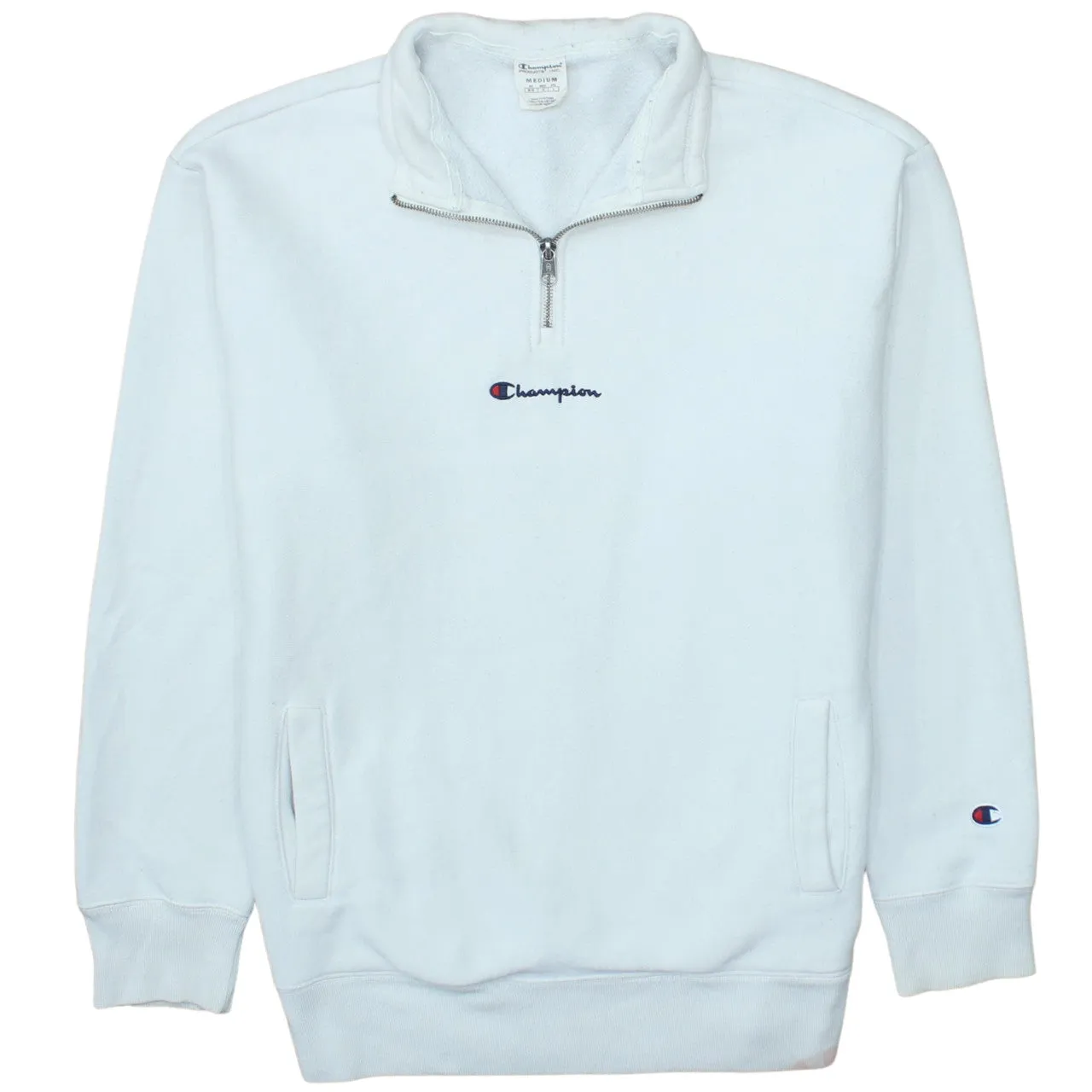 Champion White Quarter Zip Sweatshirt Men's Medium Embroidered Logo Front Pockets Pullover Fleece Top sold by Vintage Club