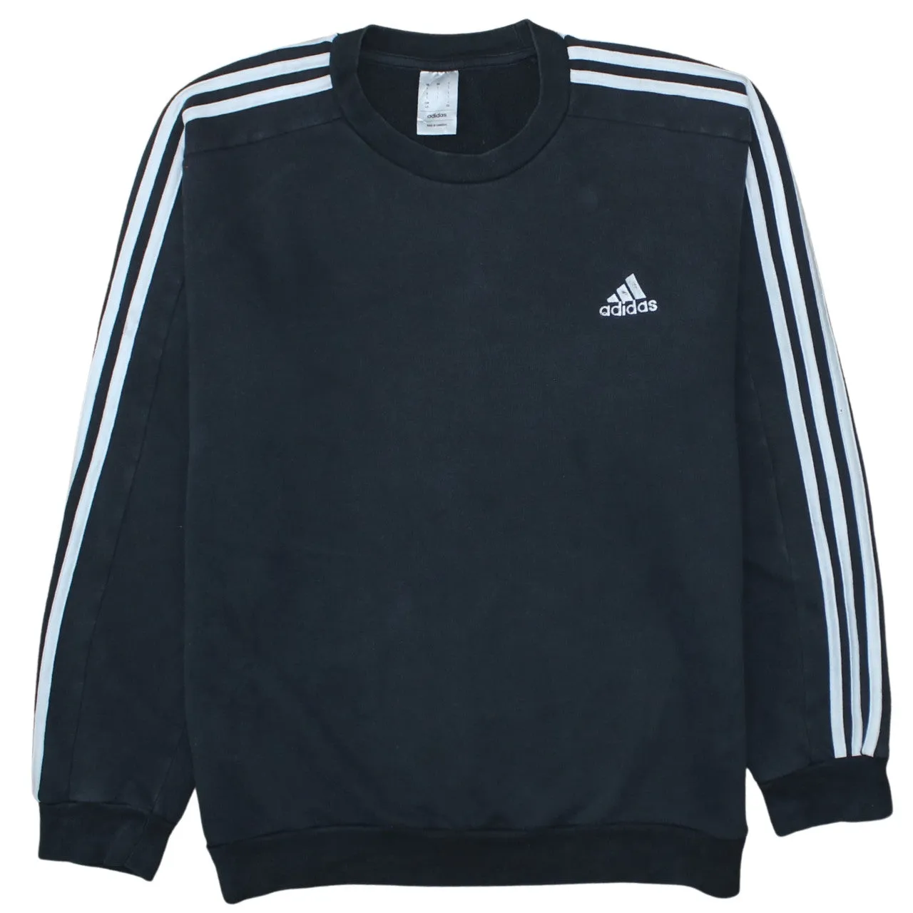 Adidas Black Sweatshirt Men's Large Embroidered Logo Three Stripe Sleeves Pullover Jumper sold by Vintage Club