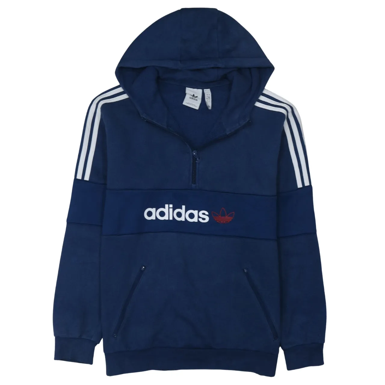 Adidas Navy Blue Hoodie Men's Large Half Zip Three Stripe Sleeves Printed Logo Pullover sold by Vintage Club