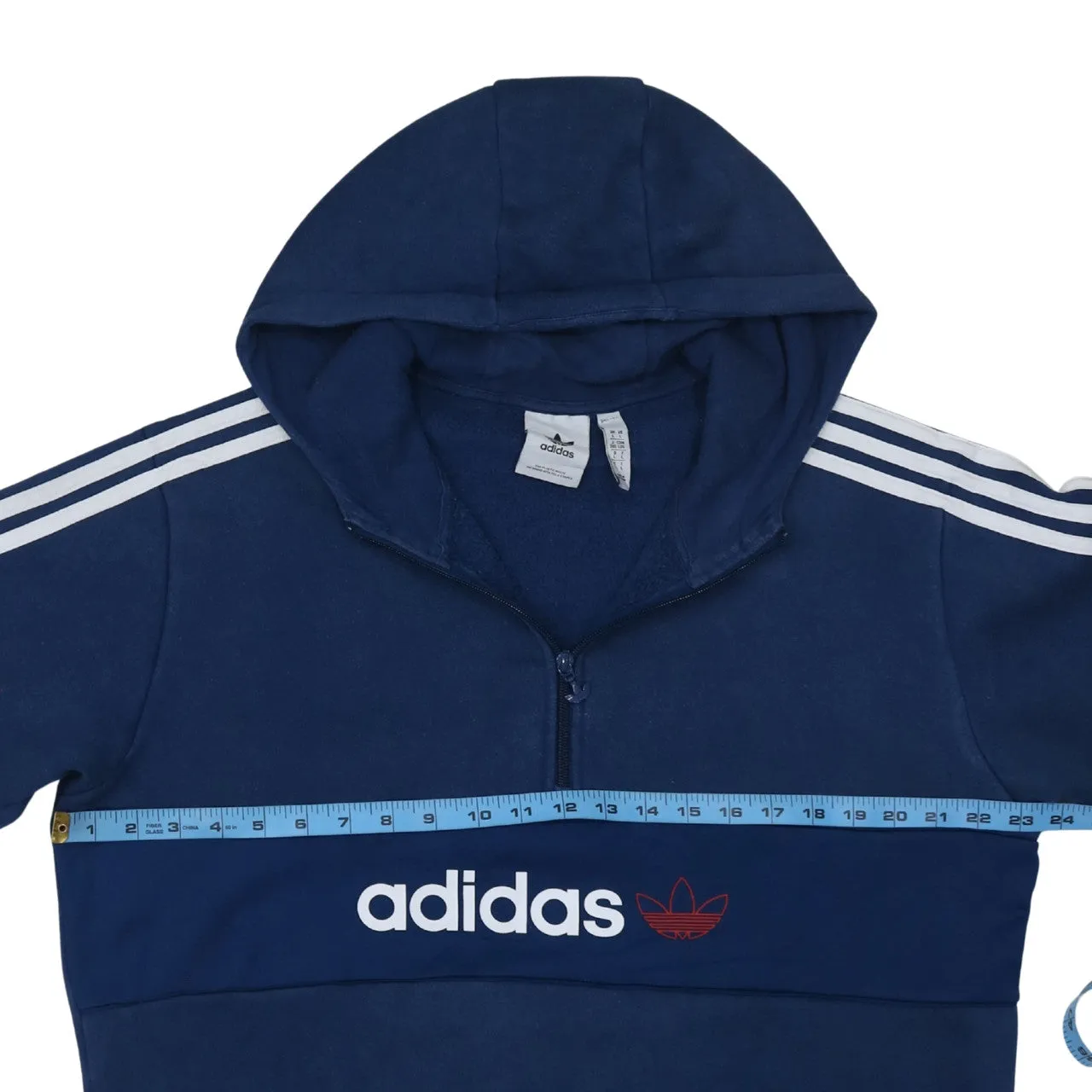 Adidas Navy Blue Hoodie Men's Large Half Zip Three Stripe Sleeves Printed Logo Pullover sold by Vintage Club product image thumbnail 5