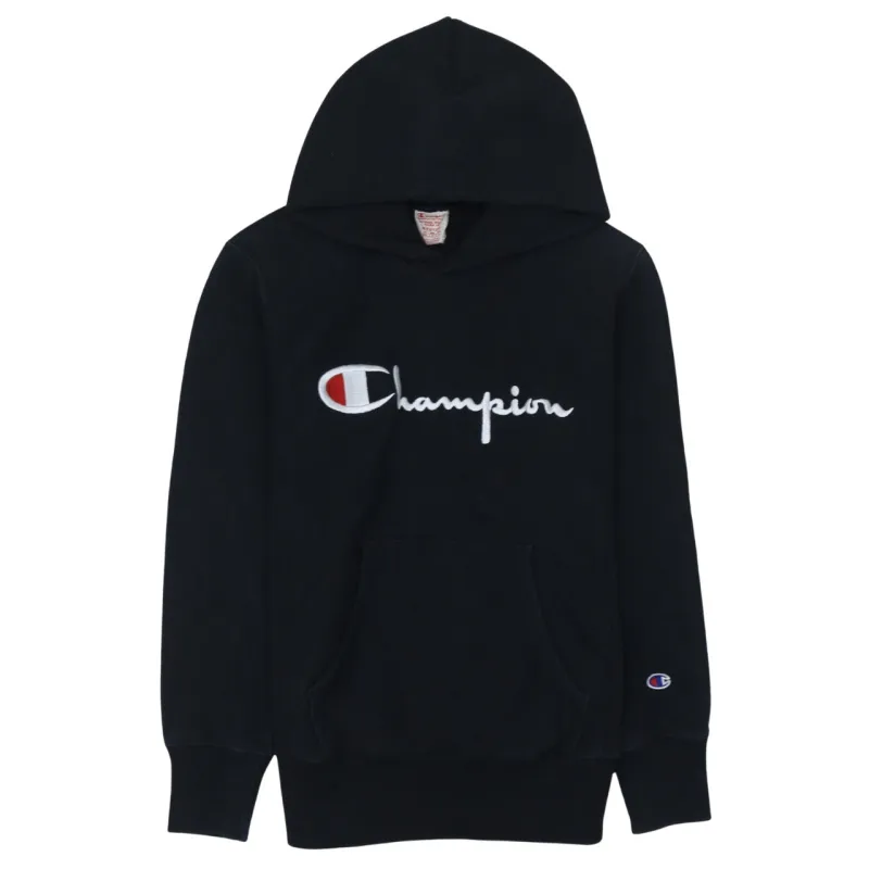 Champion Black Hoodie Women’s Medium Embroidered Script Logo Front Pocket Pullover Sweatshirt sold by Vintage Club
