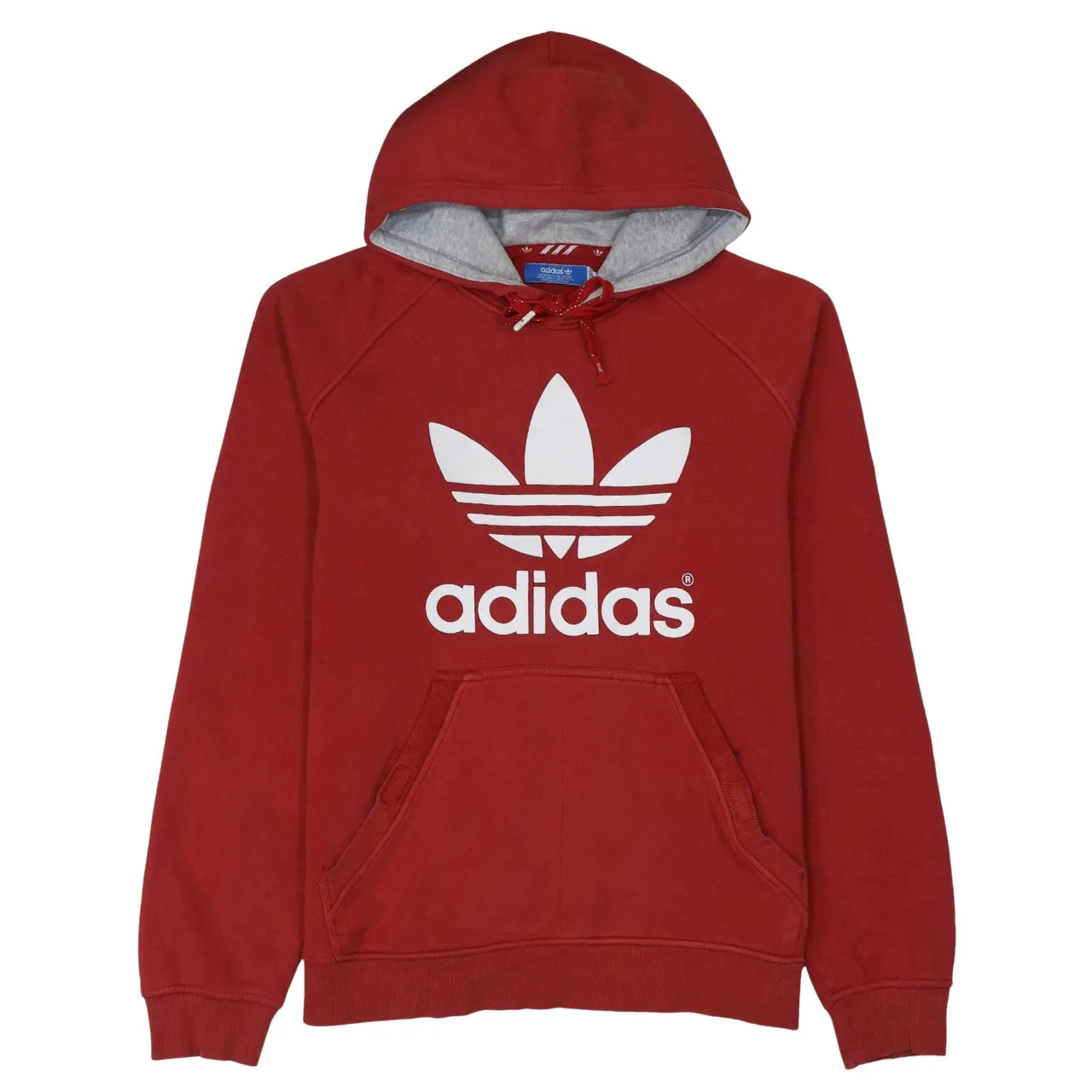 Adidas Burgundy Red Hoodie Women’s Large Printed Trefoil Logo Front Pocket Pullover Sweatshirt sold by Vintage Club
