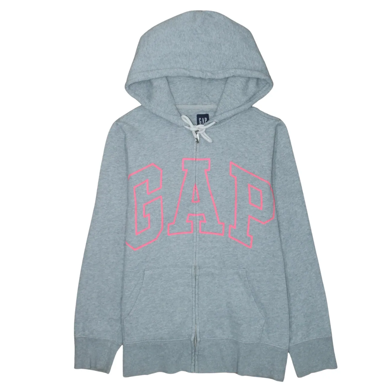Gap Grey Zip Hoodie Men's Large Pink Logo Drawstring Hood Split Pocket Sweatshirt sold by Vintage Club