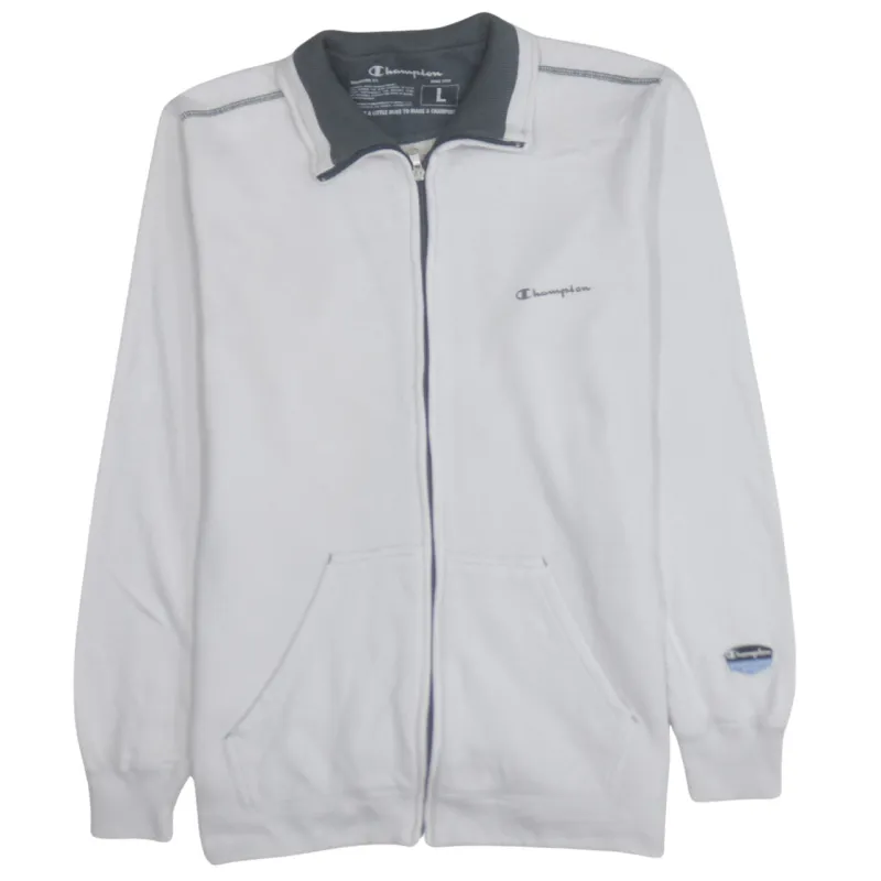 Champion White Zip Sweatshirt Men's Large Embroidered Logo Pockets Contrast Collar Fleece Top sold by Vintage Club
