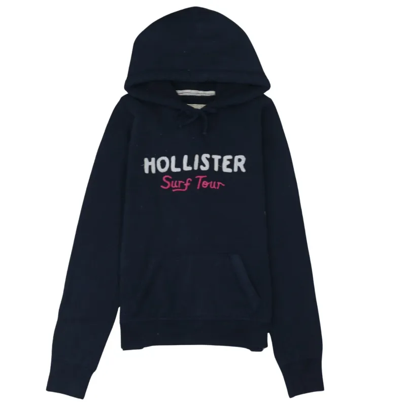 Hollister Navy Blue Hoodie Women’s Large Embroidered Surf Tour Logo Front Pocket Pullover Sweatshirt sold by Vintage Club