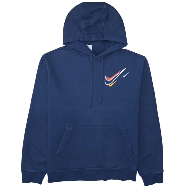 Nike Navy Blue Hoodie Men’s Large Multi Swoosh Printed Logo Front Pocket Sweatshirt sold by Vintage Club