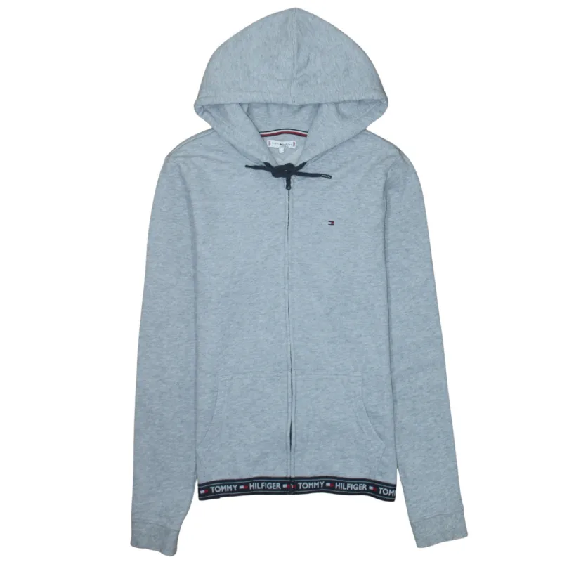 Tommy Hilfiger Light Grey Zip Hoodie Women’s Medium Embroidered Flag Logo Branded Hem Sweatshirt made by Vintage Club