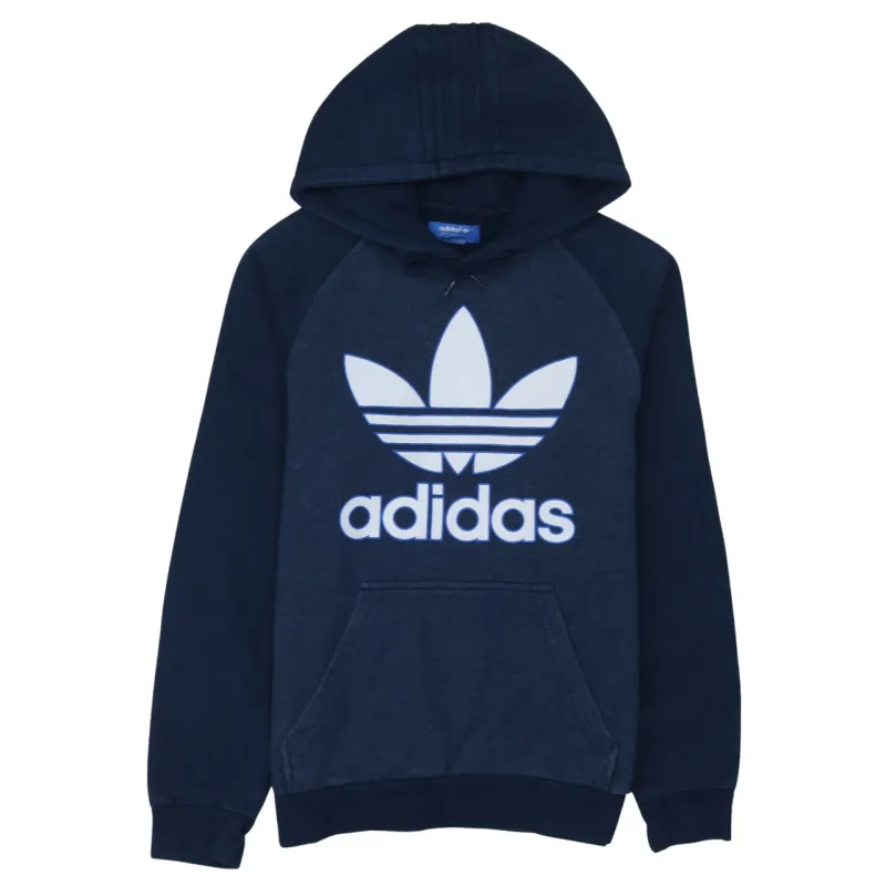 Adidas Navy Blue Hoodie Men's Small Trefoil Printed Logo Front Pocket Pullover Sweatshirt sold by Vintage Club
