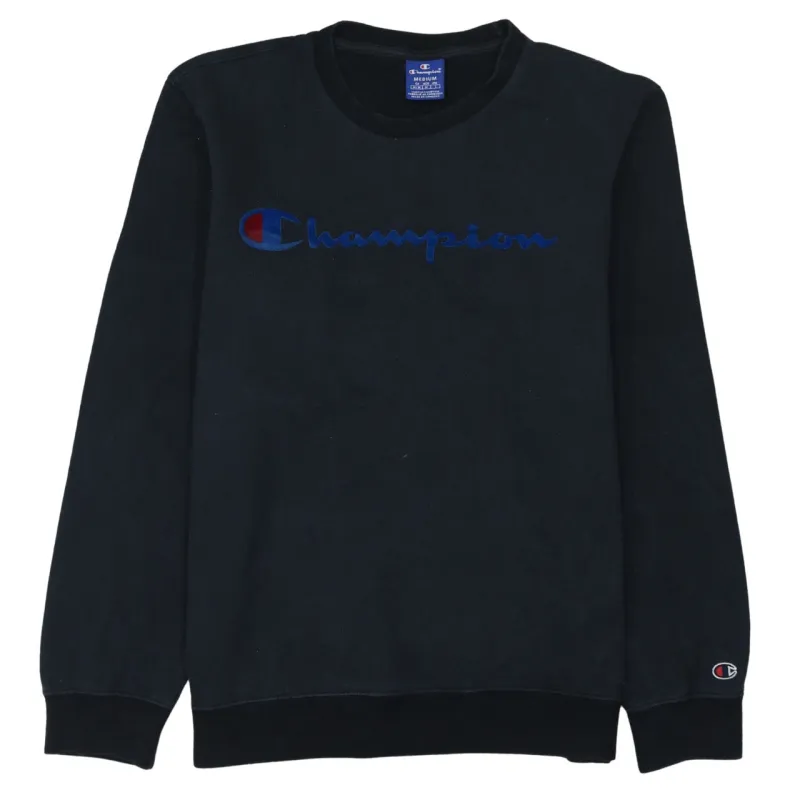 Champion Black Sweatshirt Men's Medium Embroidered Script Logo Ribbed Crewneck Pullover sold by Vintage Club