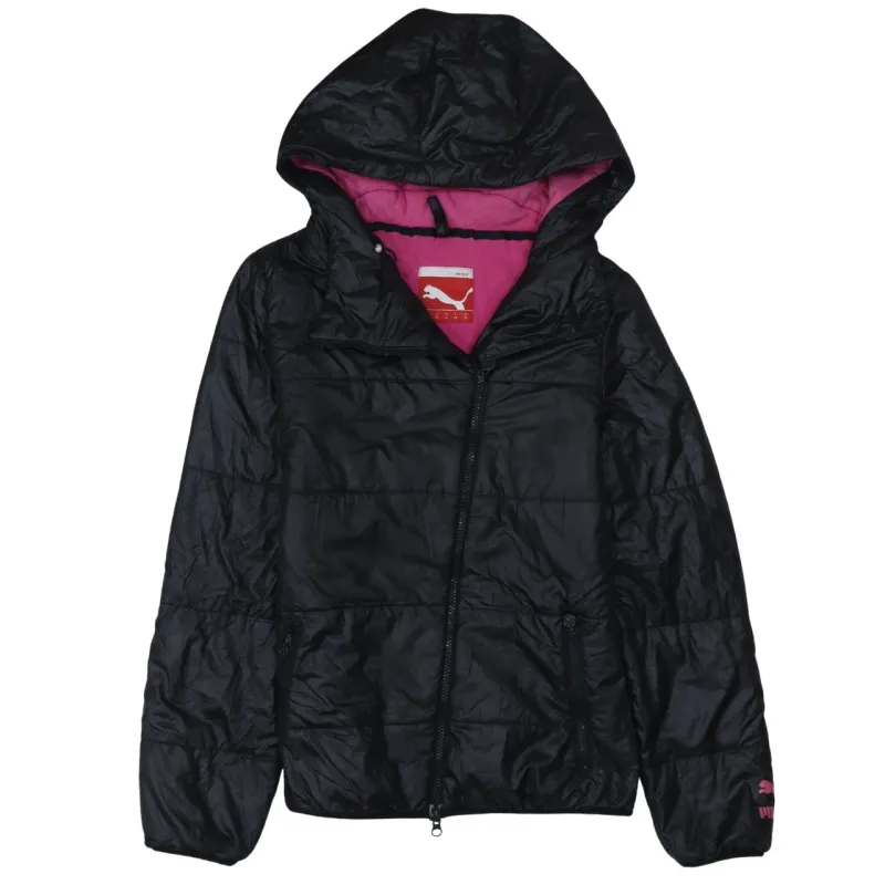 Puma Black Hooded Puffer Jacket Women's Medium Pink Lining Zip Pockets Outerwear Coat made by Puma