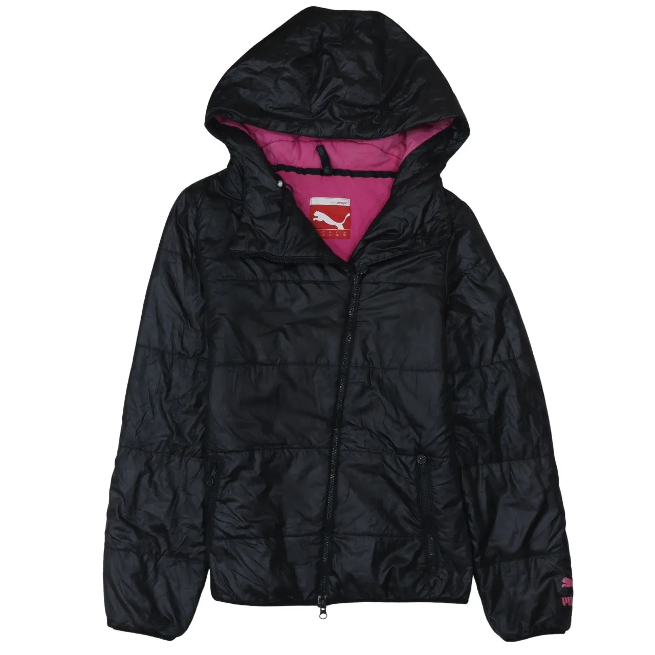Puma Black Hooded Puffer Jacket Women's Medium Pink Lining Zip Pockets Outerwear Coat sold by Vintage Club