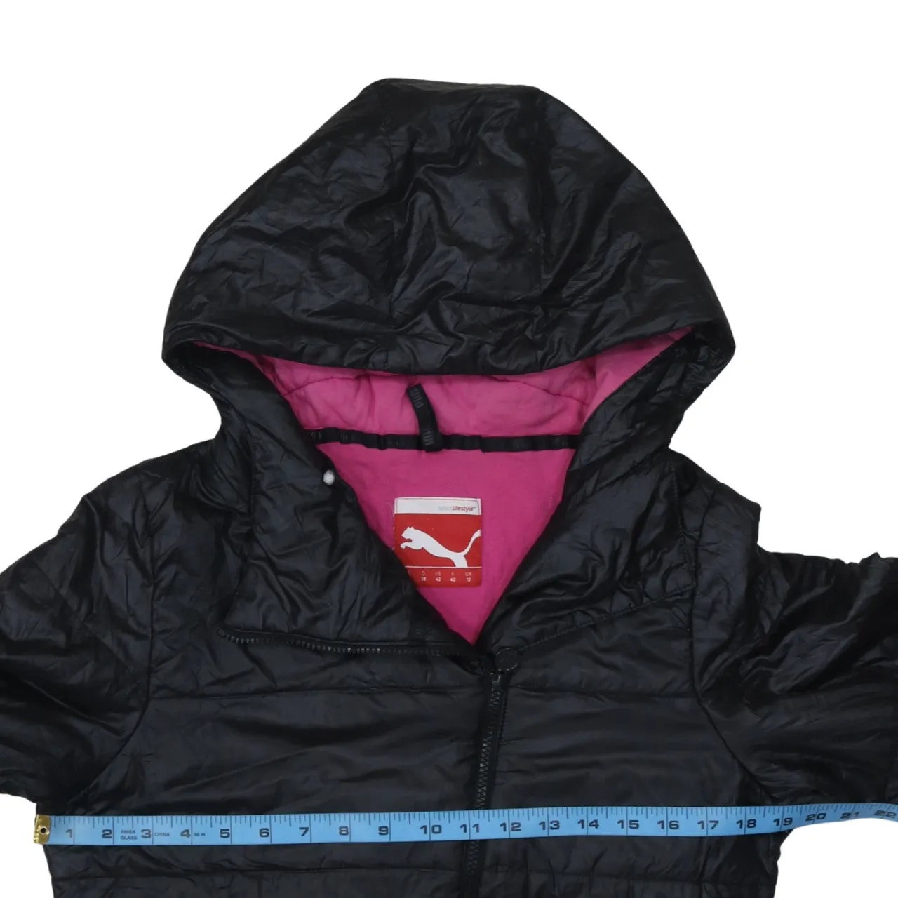Puma Black Hooded Puffer Jacket Women's Medium Pink Lining Zip Pockets Outerwear Coat sold by Vintage Club product image thumbnail 5