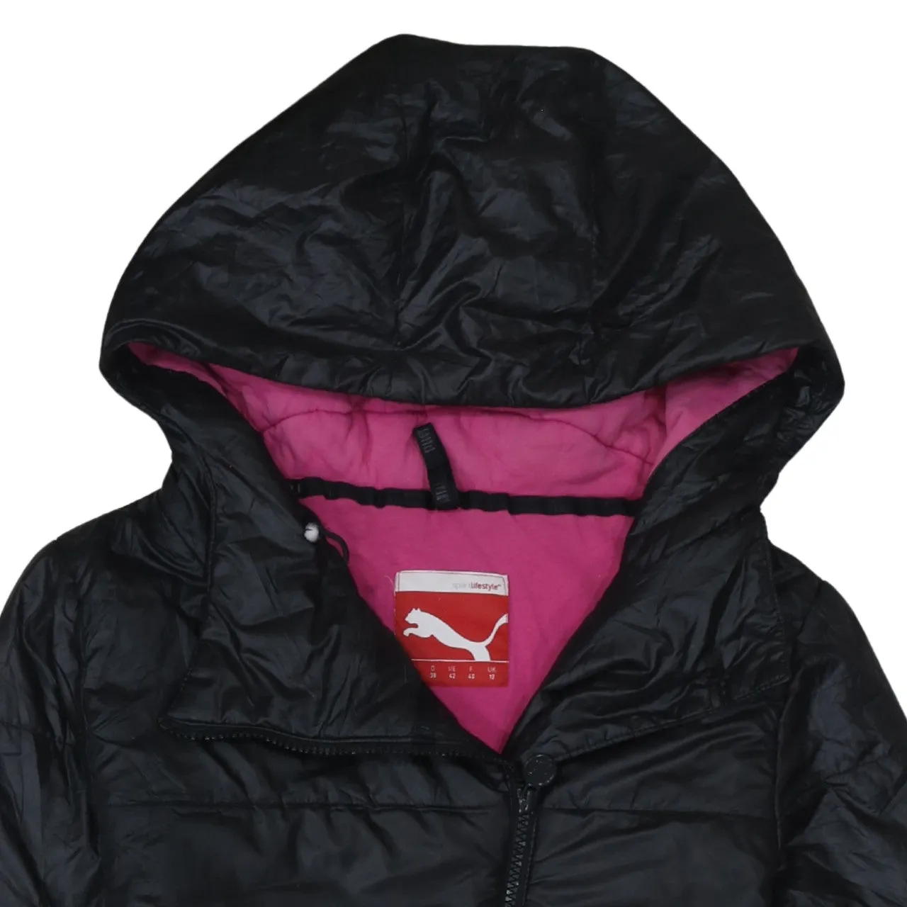 Puma Black Hooded Puffer Jacket Women's Medium Pink Lining Zip Pockets Outerwear Coat sold by Vintage Club product image thumbnail 3