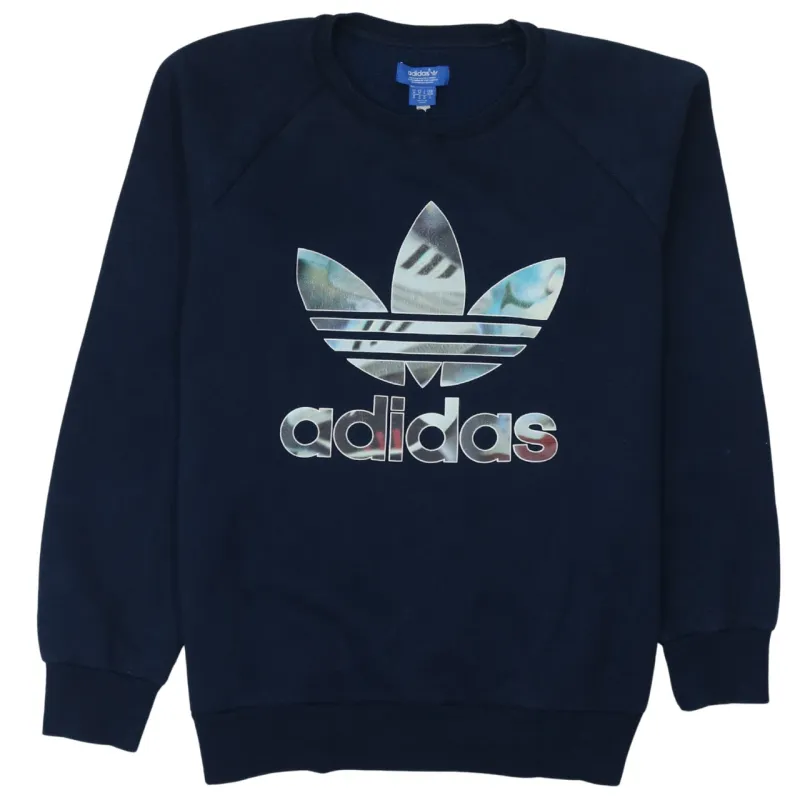 Adidas Navy Blue Sweatshirt Men's Medium Trefoil Holographic Printed Logo Pullover Top made by Adidas