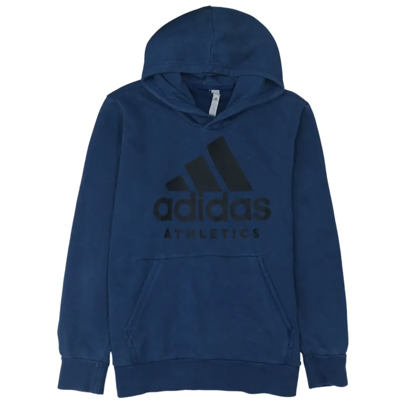 Adidas Navy Blue Hoodie Women’s Large Printed Athletics Logo Front Pouch Pullover Sweatshirt made by Adidas