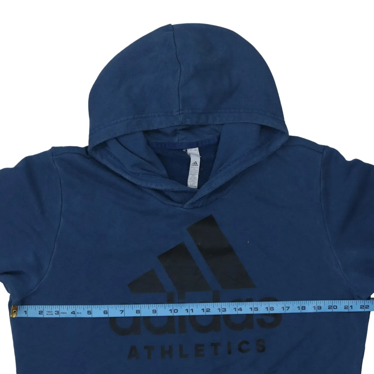 Adidas Navy Blue Hoodie Women’s Large Printed Athletics Logo Front Pouch Pullover Sweatshirt sold by Vintage Club product image thumbnail 5