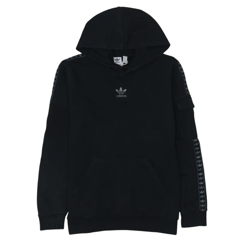 Adidas Black Hoodie Women’s Large Trefoil Sleeve Tape Arm Pocket Pullover Sweatshirt sold by Vintage Club