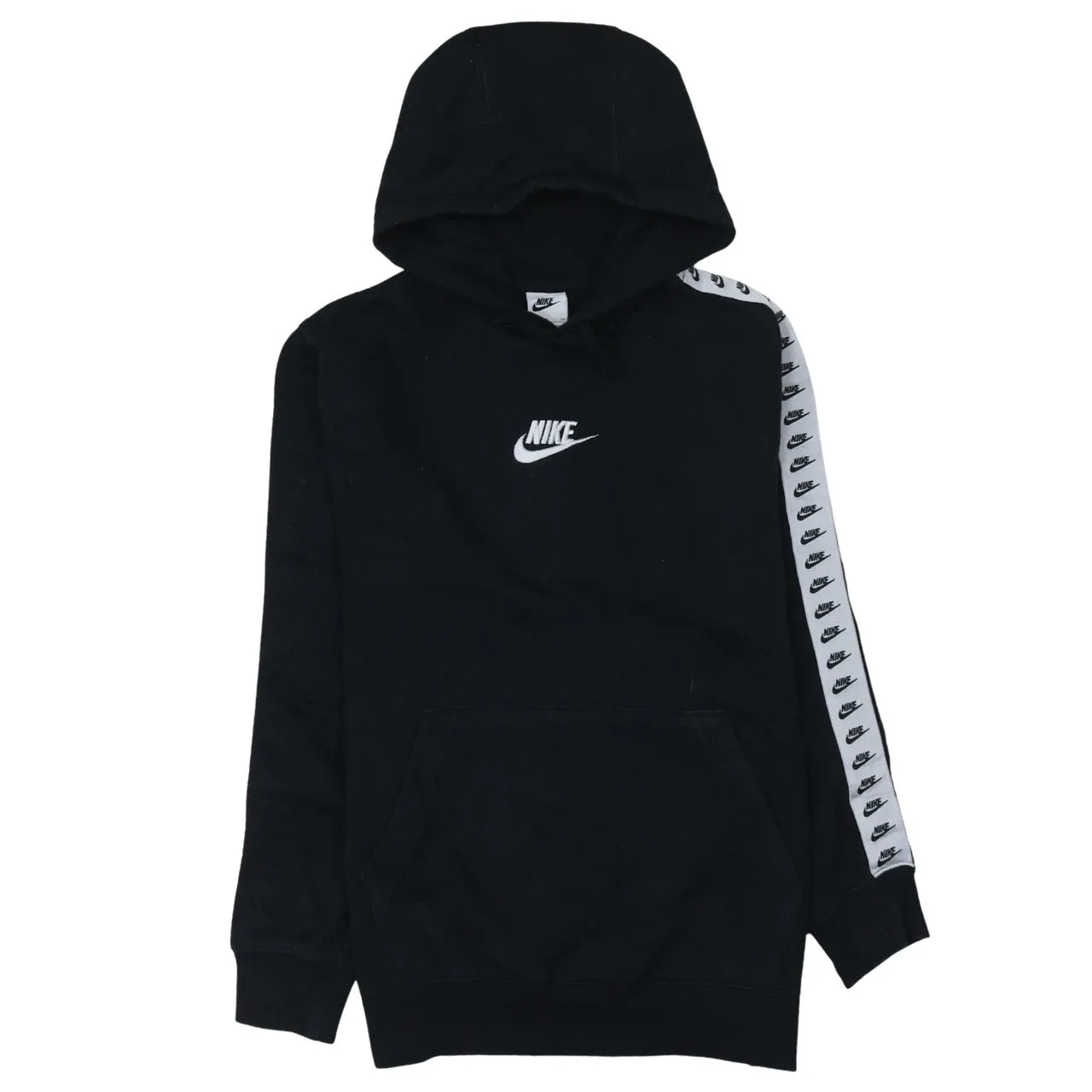 Nike Black Hoodie Men's Small Embroidered Chest Logo Branded Tape Sleeve Pullover Sweatshirt sold by Vintage Club