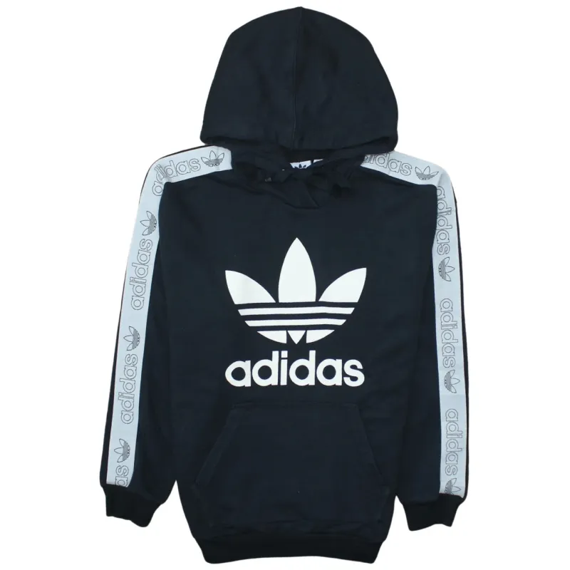 Adidas Black Hoodie Women’s XSmall Trefoil Printed Logo Tape Sleeve Pullover Sweatshirt sold by Vintage Club