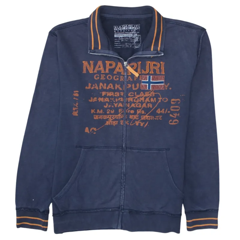 Napapijri Navy Blue Zip Sweatshirt Men's Medium Printed Chest Logo Pockets Casual Top made by Napapijri