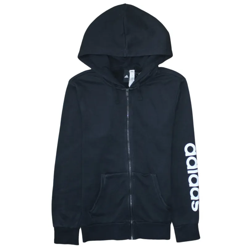 Adidas Black Zip Hoodie Women’s Small Sleeve Logo Drawstring Hood Casual Sweatshirt sold by Vintage Club