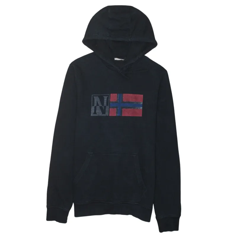 Napapijri Black Hoodie Women’s Small Printed Flag Logo Front Pocket Pullover Sweatshirt sold by Vintage Club