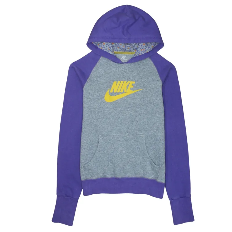 Nike Purple Grey Hoodie Women's Large Printed Logo Raglan Sleeves Front Pocket Sweatshirt sold by Vintage Club